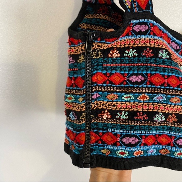 Zara Knit Beaded Embroidered Crop Boho Tank Top Zip Black Small Boho Festival - Picture 6 of 9